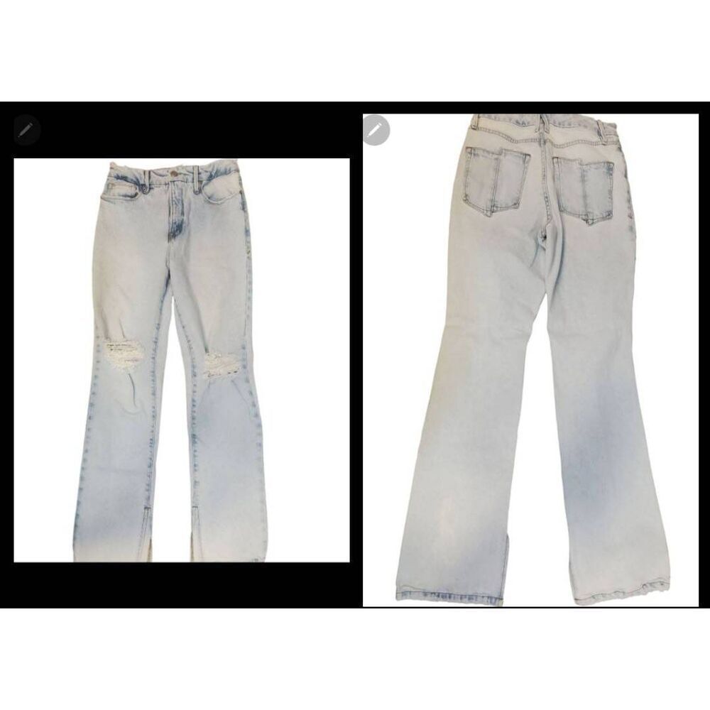 Womens Good American Light Blue Distressed Straight Leg High Rise Zip Fly Slit H